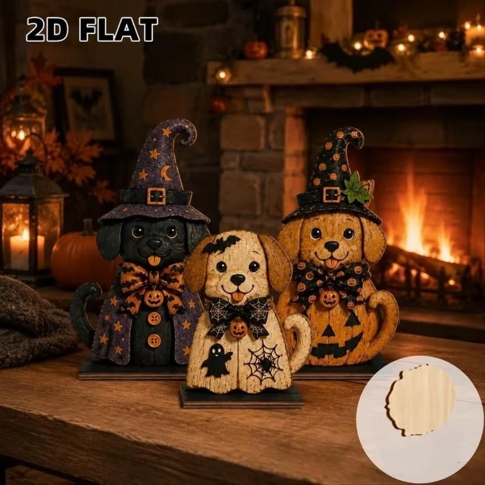 3Pcs 2D Flat Halloween Wooden Dog Signs Vintage Finish Pumpkin Ghost Craft Decor Home Decor