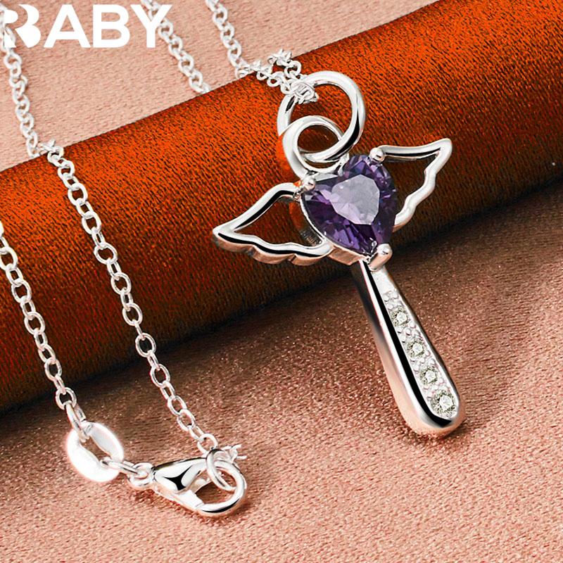 URBABY 925 Sterling Silver With 16-30 inch Chain Amethyst Heart Cross Pendant Necklace For Women Wedding Party Gifts Jewelry 4