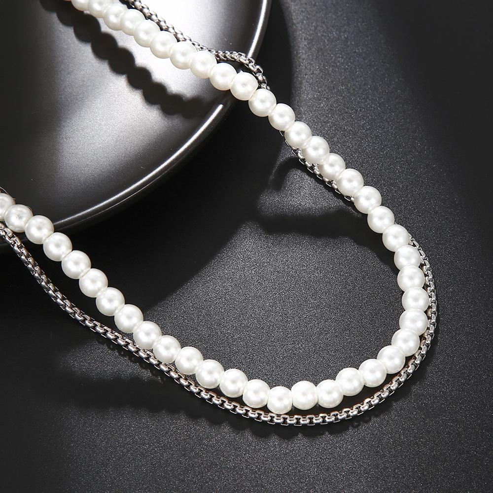 Ins Internet celebrity style personality fashion splicing pearl thin chain necklace men's trendy double collarbone chain hip hop
