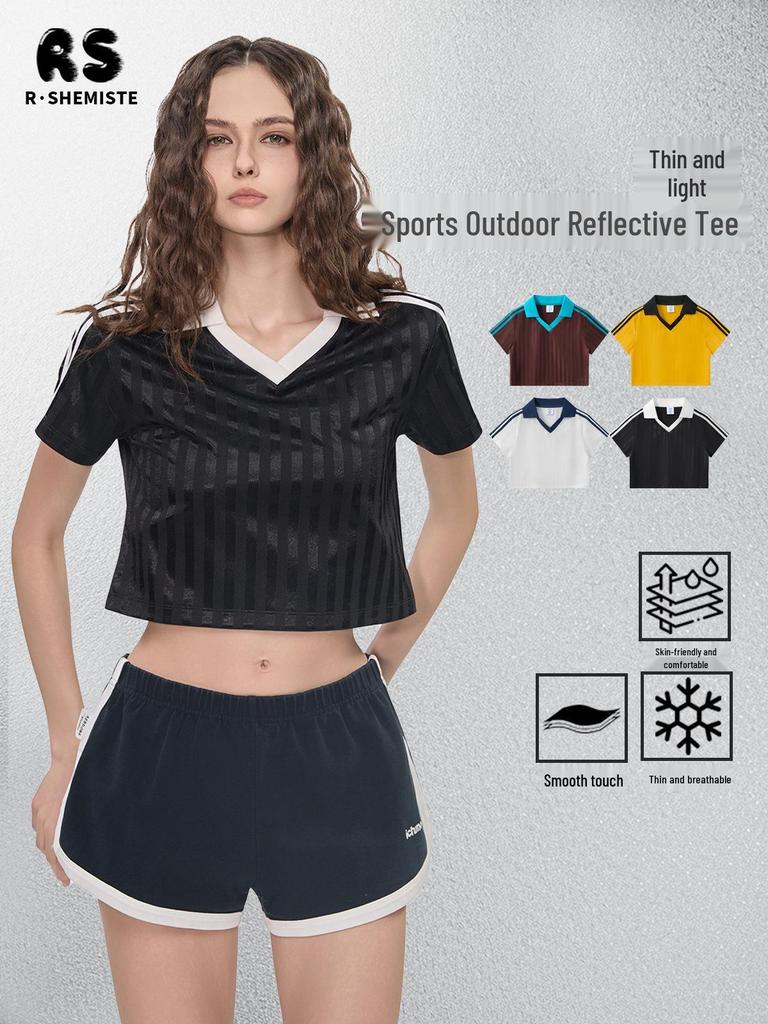 RS Women's Retro V-Neck Football T-shirt - Patchwork Stripes, Short Sleeve, USA/Canada/Mexico Sports Style