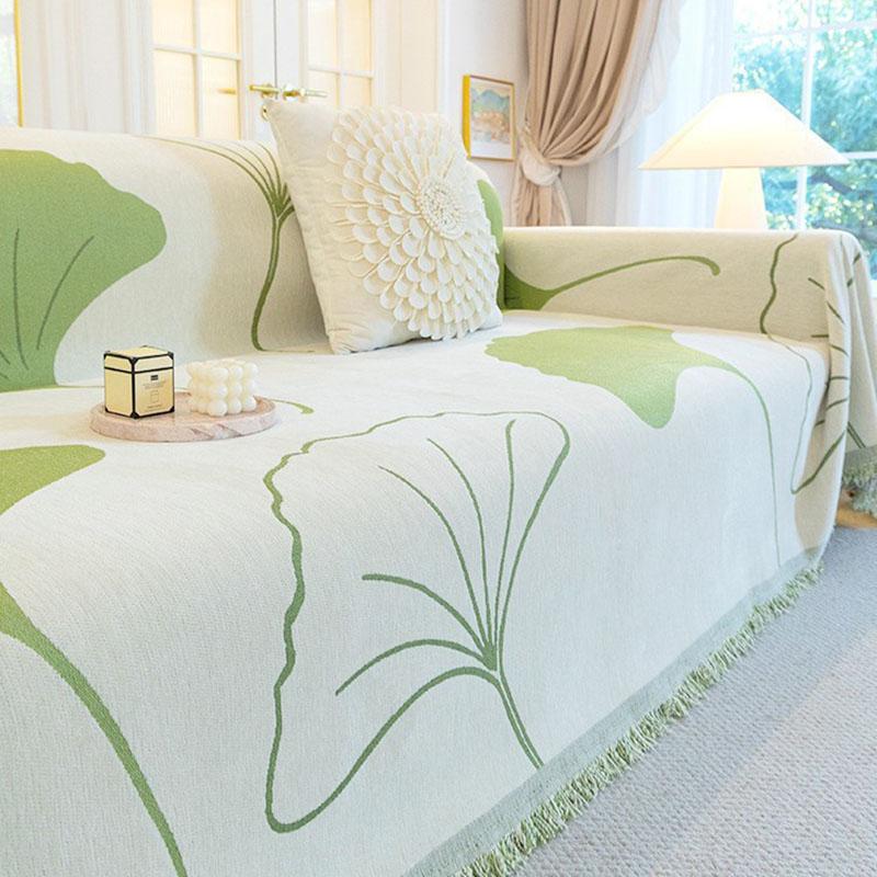 Pastoral Gingko Leaf Printed Tassel Sofa Towel All-Inclusive Sofa Cover for Four Seasons Dust-Proof Couch Slipcover for Home
