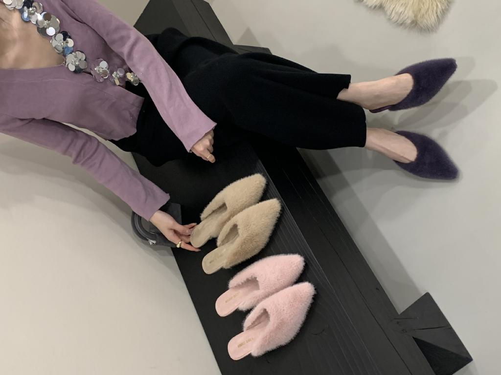 Fashion lamb fine heel hairy half slippers women's wear 2025 new spring, autumn and winter Korean version pointed lazy single shoes
