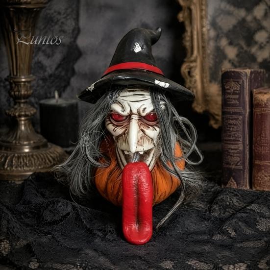 Decorative Holiday Statue Halloween Long Tongue Witch Pumpkin Ornament, Spooky Gothic Desktop Resin Farmhouse Decor Figurine, Collectible Tabletop