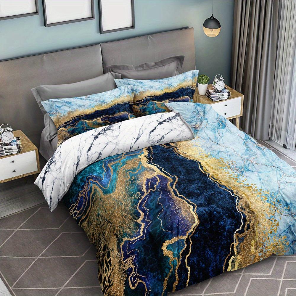 Comforter 3Pcs Luxe In Vibrant Marble Design - Breathable Polyester Zip Closure Machine Washable Christmas Gifts