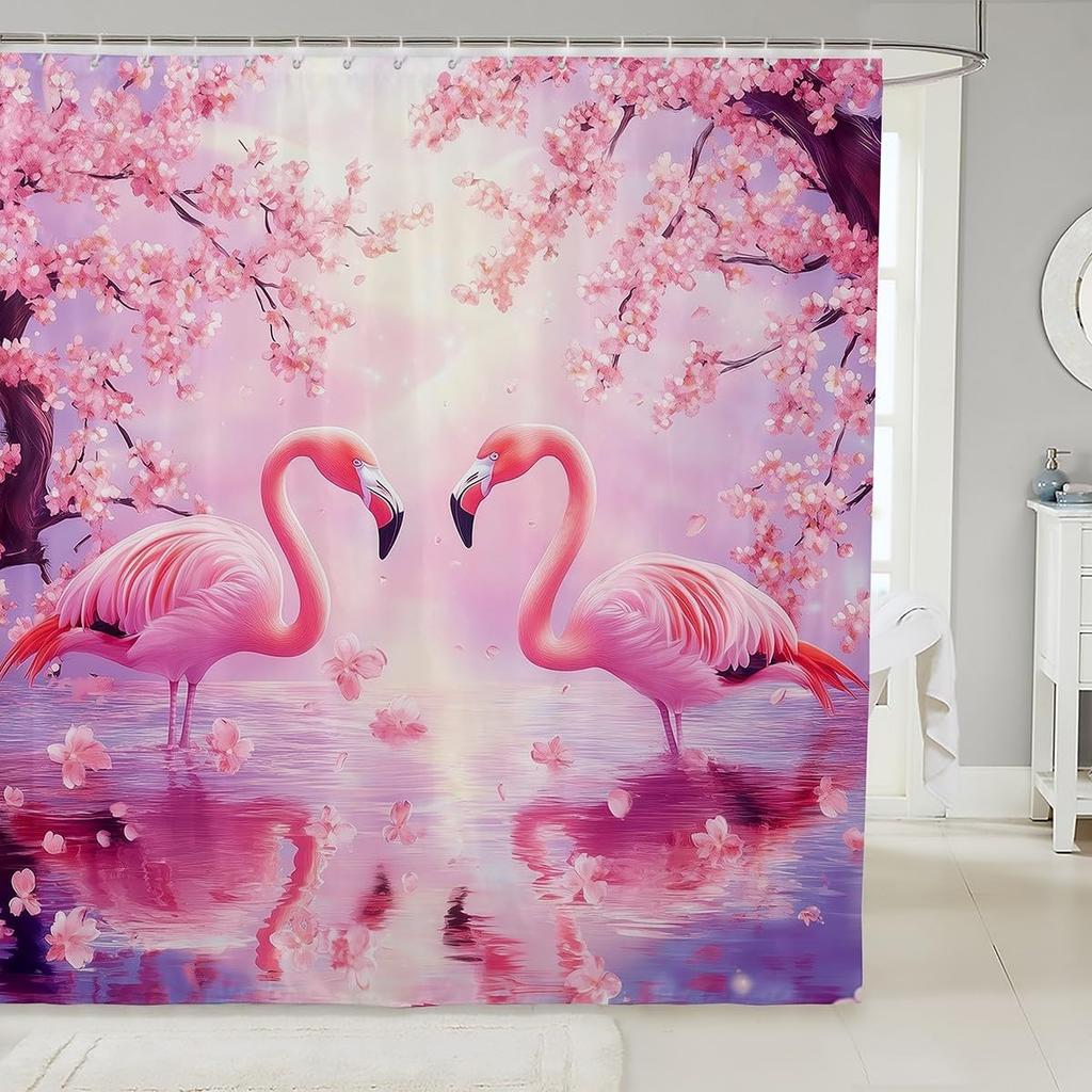 Japanese Style Bathroom Curtain Cherry BlossomShower Curtain for Girls Teen Women,Watercolor Mount Fuji Sakura Animal Aesthetics