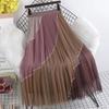 Summer Women Elegant Contrast Color Elastic Waist Mesh Tulle Long Midi Pleated Skirt