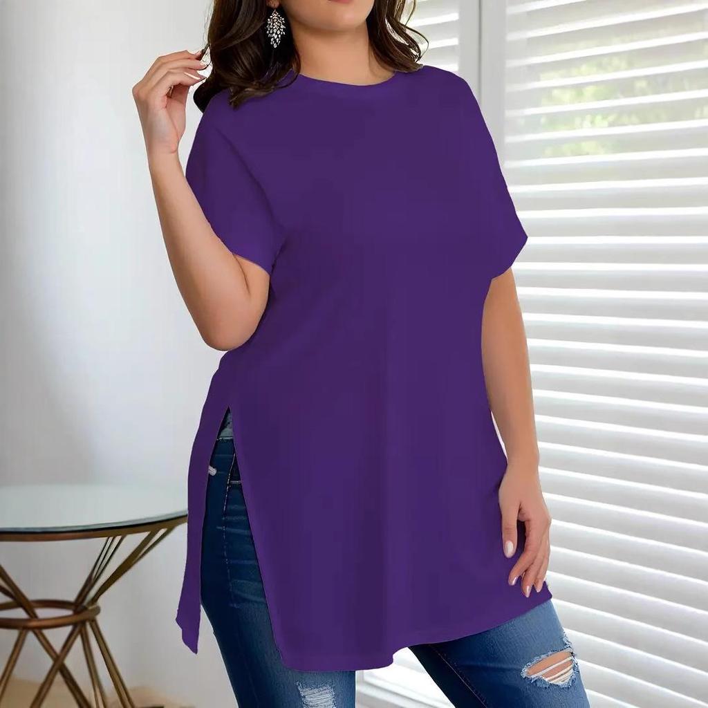 Damski top wiosenno-letni, damski luźny T-shirt w dużych rozmiarach, z rozcięciem, z okrągłym dekoltem