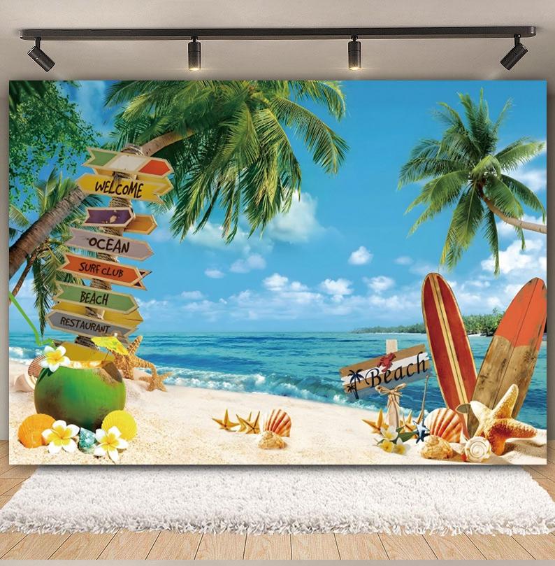 Tropischer Strand Hintergrund für Fotografie Sommer Hawaii Blaues Ozeanwasser Meeresufer Palme Kinder Feiertagsparty Foto Hintergrund Dekoration