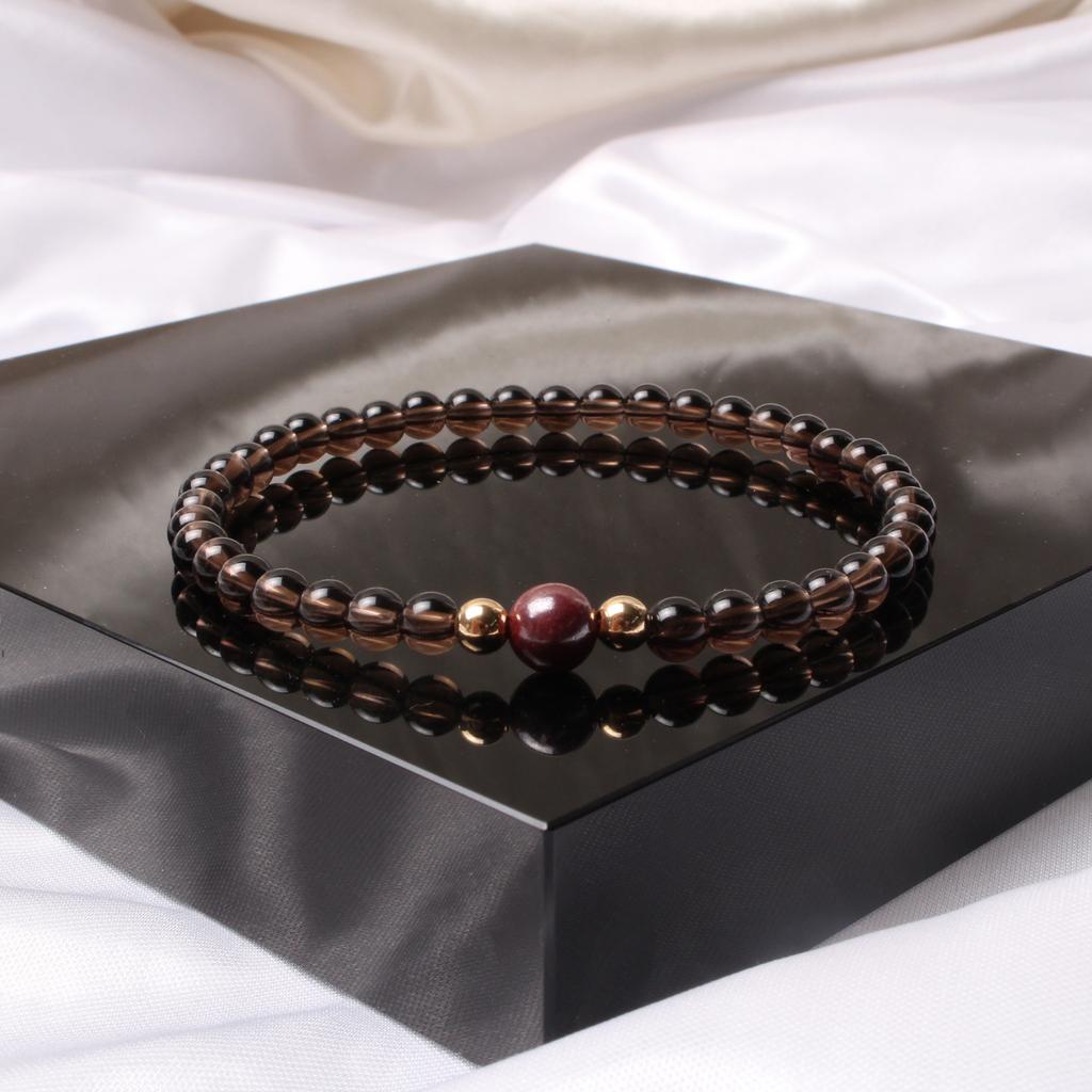 Bien Vetu 4Mm Smoky Quartz + 6Mm Cinnabar Single Bead Gf Bracelet