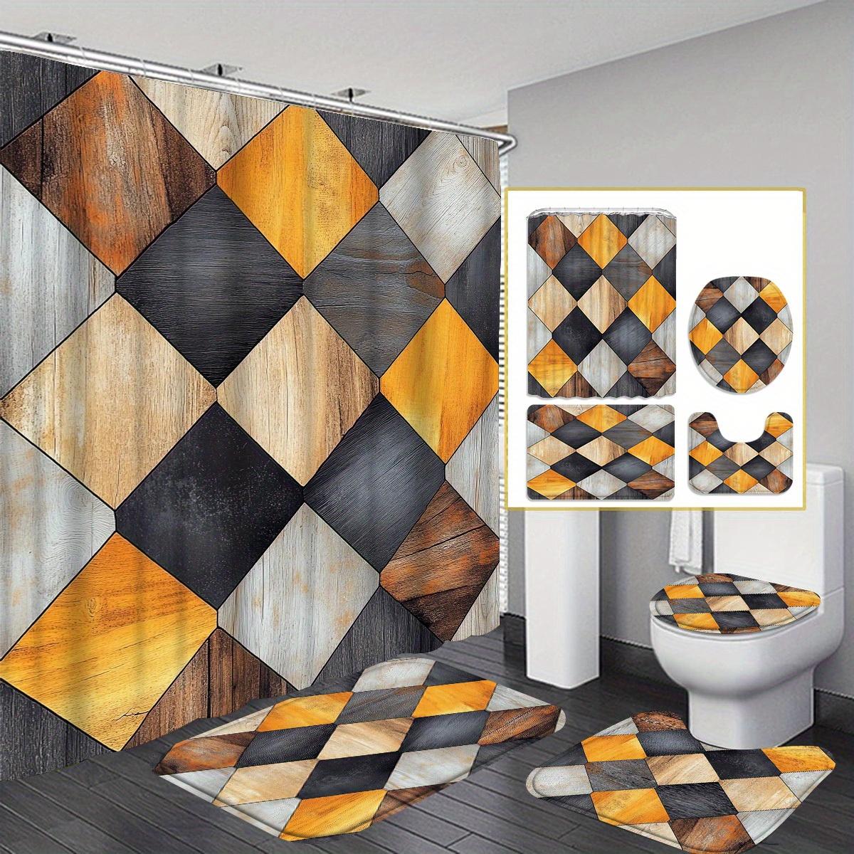 

Creative grid 4pcs Cartoon Characters Shower Curtain Collection - 12 Hook Shower Curtain with Rug, Toilet Mat and U-Mat 90x180cm