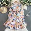 French holiday style super fairy chiffon printed V-neck dress women's elastic waist and thin ruffle edge medium and long dress