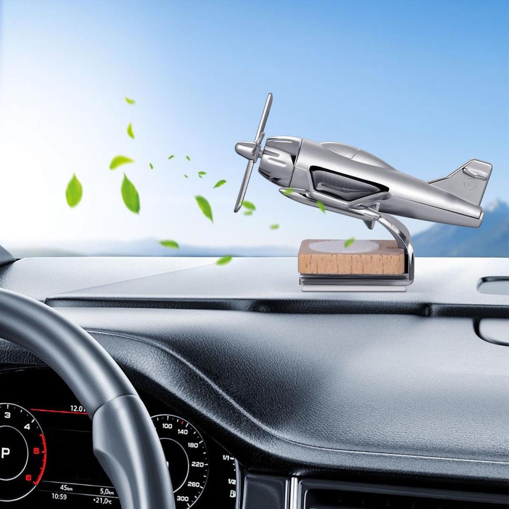 Solar Flugzeug Auto Diffusor, Holzbasis Duft Diffusor, Legierung Solar Energie Rotierende Flugzeug Ornamente für Auto Büro Wohnkultur