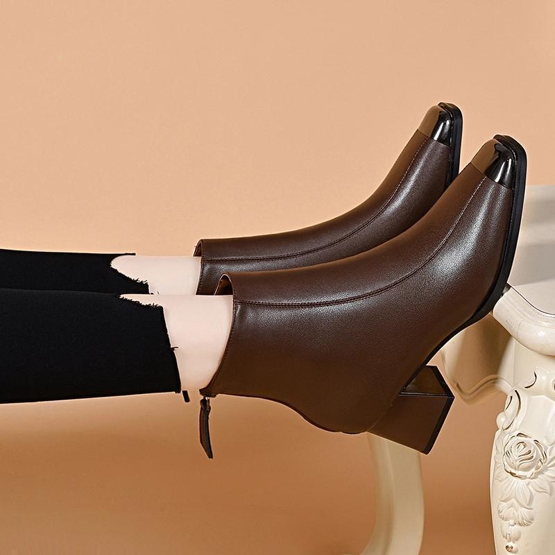 

Women s 2025 Retro Square Toe Metal Ankle Boots, European & American Style, Chunky Heel with Back Zipper Size 39