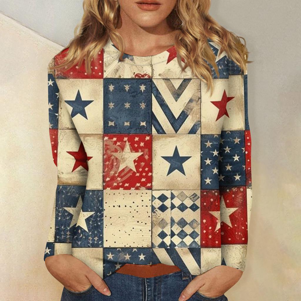 Womens Spring Tops Long Sleeve Patchwork Star Print Casual Crewneck Summer Shirts for Women Comfortable Fit