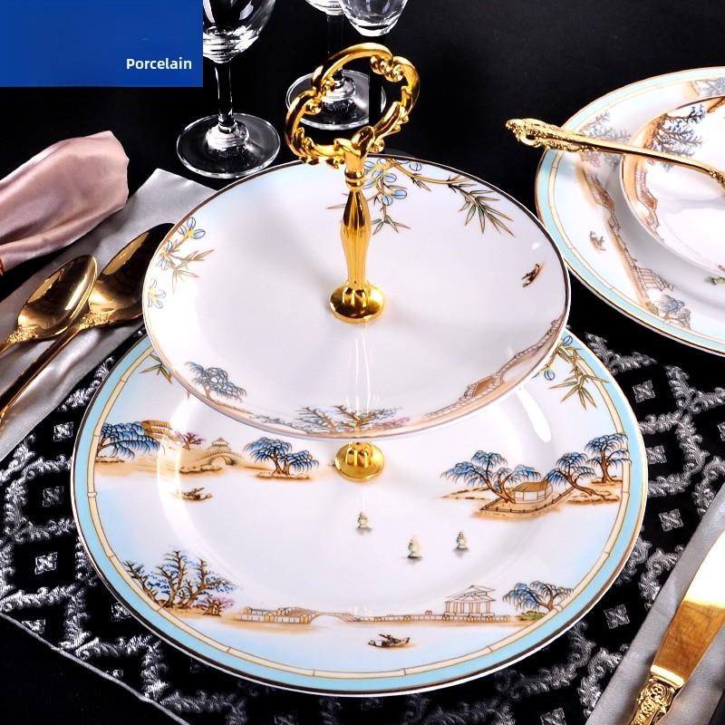 European Style Ceramic Double Layered Tray Fruit And Candy Plate Afternoon Tea Cake Stand Three Tier Dessert Holder Serving Tray