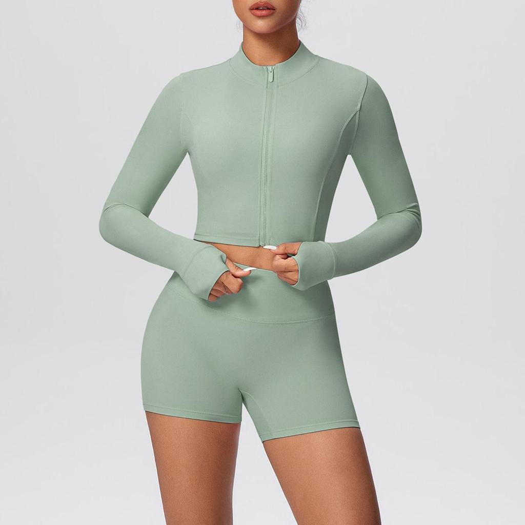 High-Waisted Hip-Lift Sports Shorts & Zip Jacket Yoga Set - Nude Feel for Casual Run & Fitness