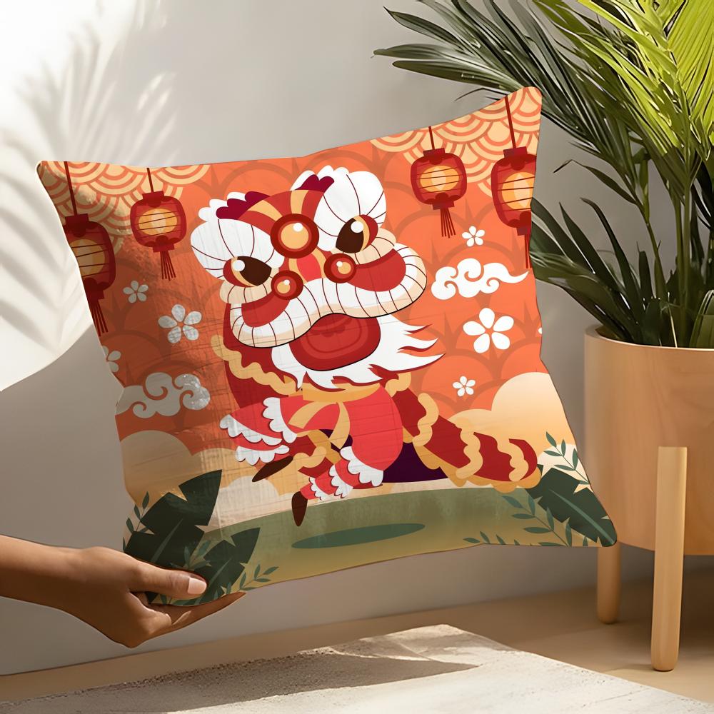 Linen Cushion Covers For Decorative Sofa Home Pillows Case Car Chair Pillows Cases Chinatown Festive Lion Print Pattern