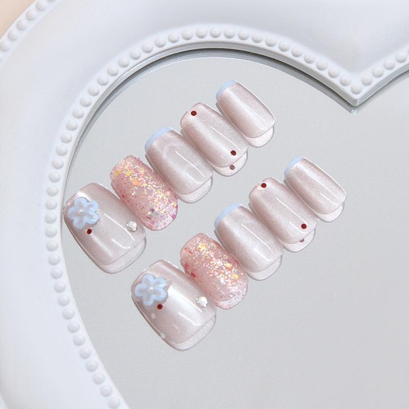 Light blue Qimeng three-dimensional French cat's eye sweet flower flash diamond polka point European and American ins wind removable manicure
