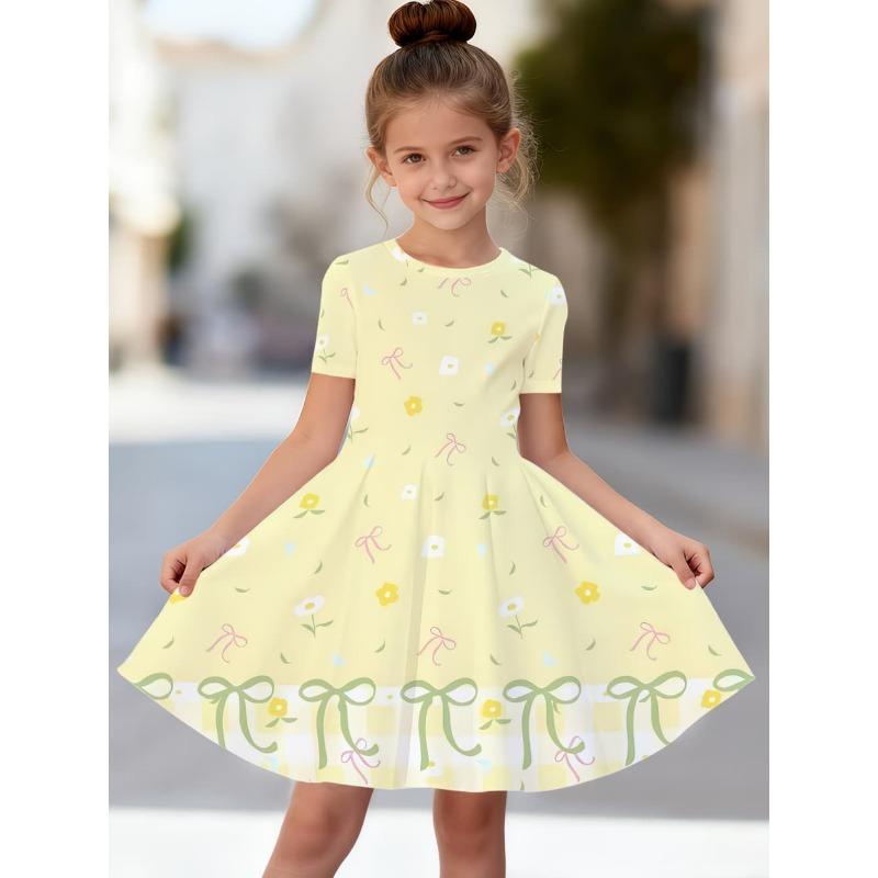 Children s girls  Round neck Blue Floral Short sleeved Dress Children s clothing 2-7 Year-old girls  110