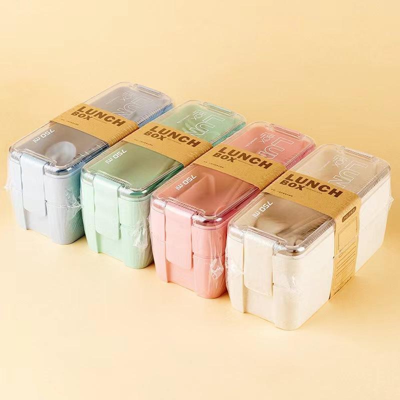 Japanese Double-layer Lunch Box,Ins Wind Fresh-keeping Box, with Fork and Spoon Plastic Double Layer Portable Lunch Box
