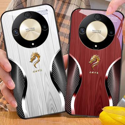 Ξύλινος Δράκος Μαύρος Για Honor Magic 6 50 70 90 Lite X7b 200 Pro Nova 10 Nova 5T X6 P30 Pura 70 Ultra Τζαμένι Τηλεφώνου Θήκη