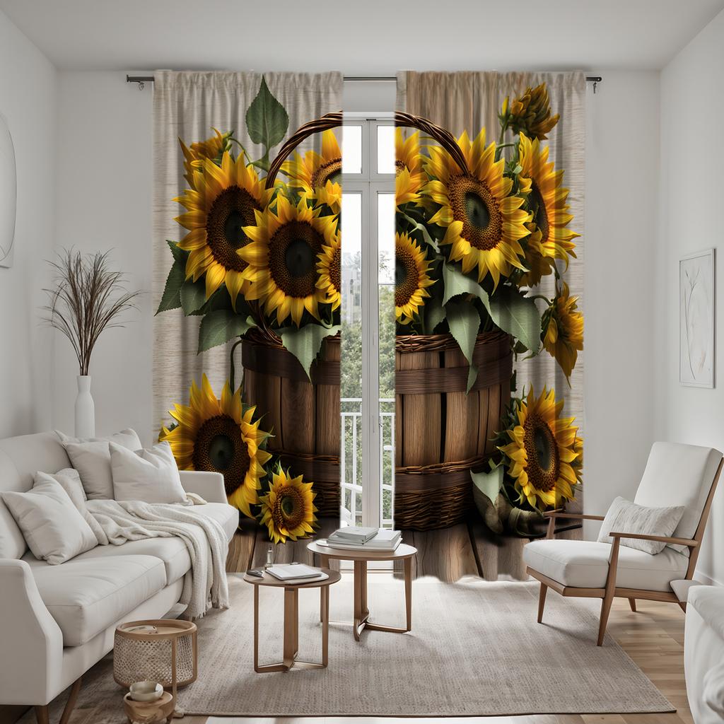2 Pieces of HD Basket with Sunflower Flowers Decorative Curtain Yellow Digital Printed Curtain Home Decoration Style Decoration