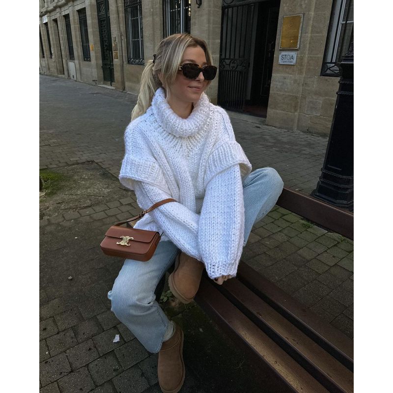 

2024 Вязаный свитер Пушистый свитер-пуловер с высоким воротником White M