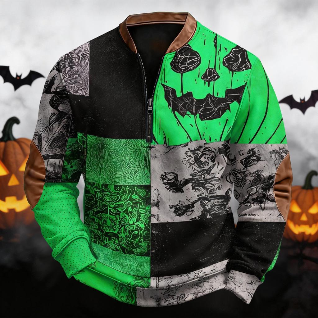 Men's Casual Retro Half Zip Long Sleeve Sweatshirt with Halloween Print
