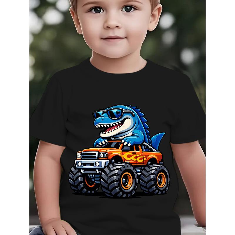 Taglie Europee Estate Moda Bambino T-shirt a Maniche Corte con Occhiali alla Moda Stampa Cartone Animato T-Rex e Monster Truck, Top Casual da Esterno