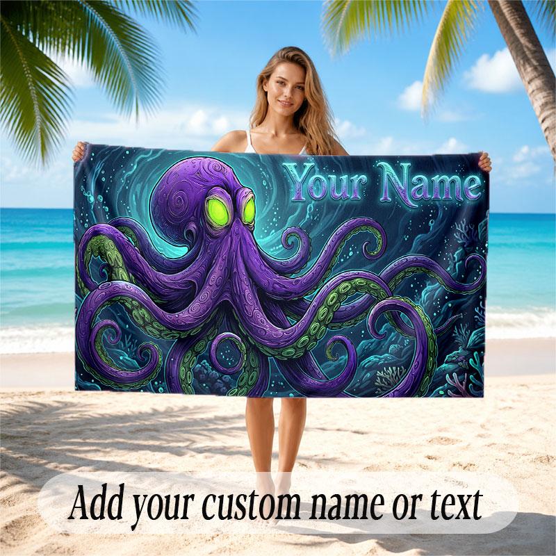 Octopus Sea Life Theme Soft Beach Towel Personalized Custom Name Text Towel Portable for Beach Pool Travel