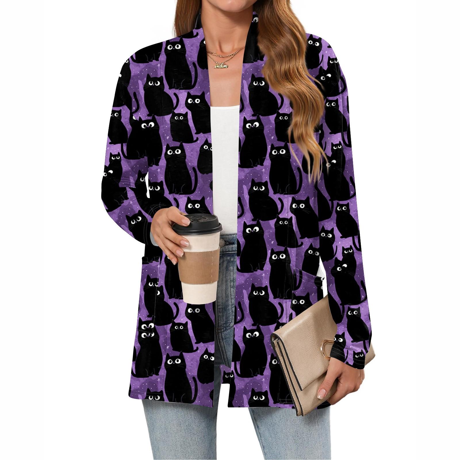 

Women s Halloween Printed Lightweight Cardigan Long Sleeved Casual Loose Thin Fit With Pocket Cardigan S фіолетовий