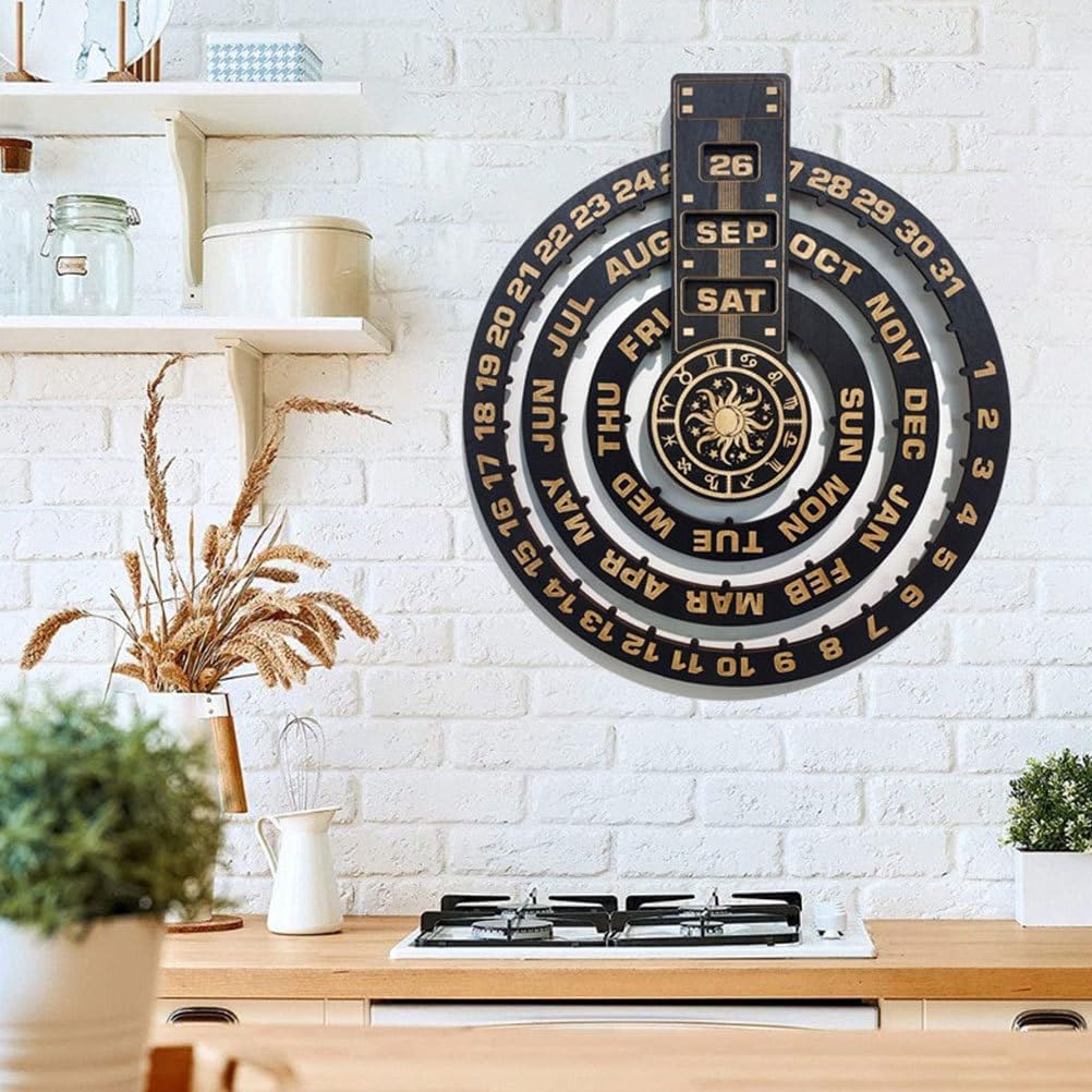 HOMSFOU Perpetual Calendar Pendant Wood Perpetual Wall Calendar Home Wall Calendar Circular Perpetual Wall Calendar Perpetual Calendar Wall Hanging