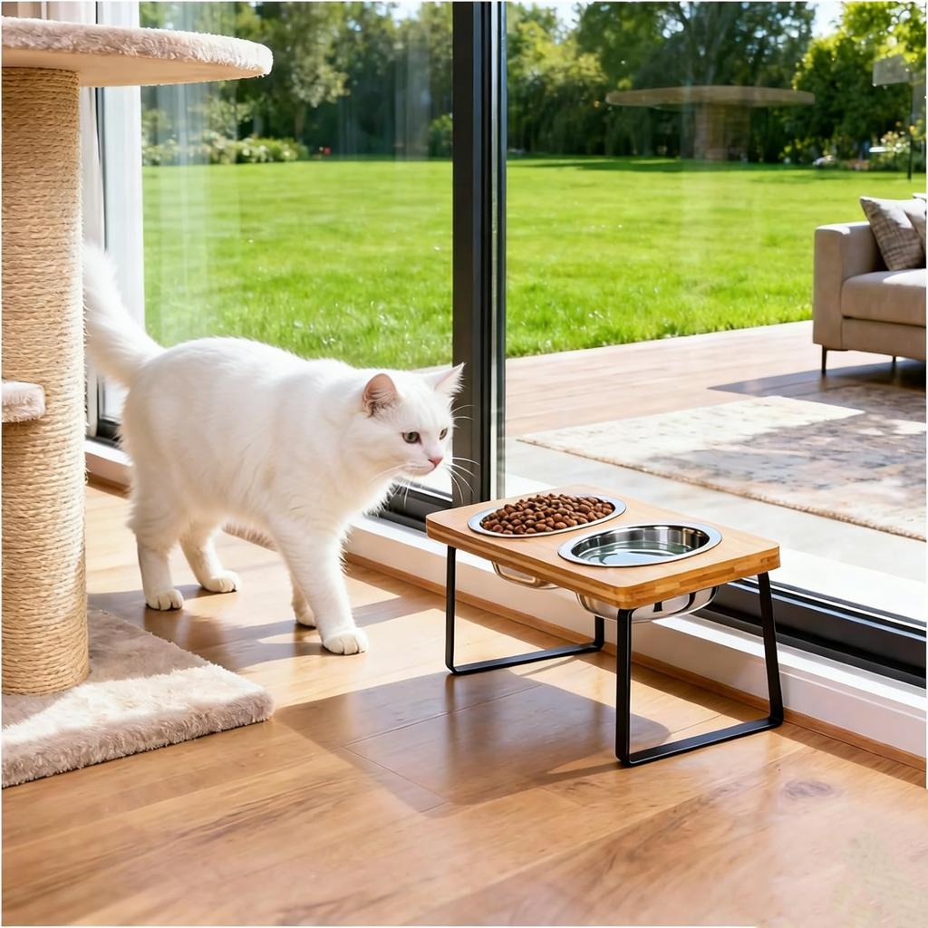 Elevated Cat Bowls Pet Feeder 15° Tilted Raised Cat Food Bowls with Wooden Stand 2 Stainless Steel Bowls for Cats
