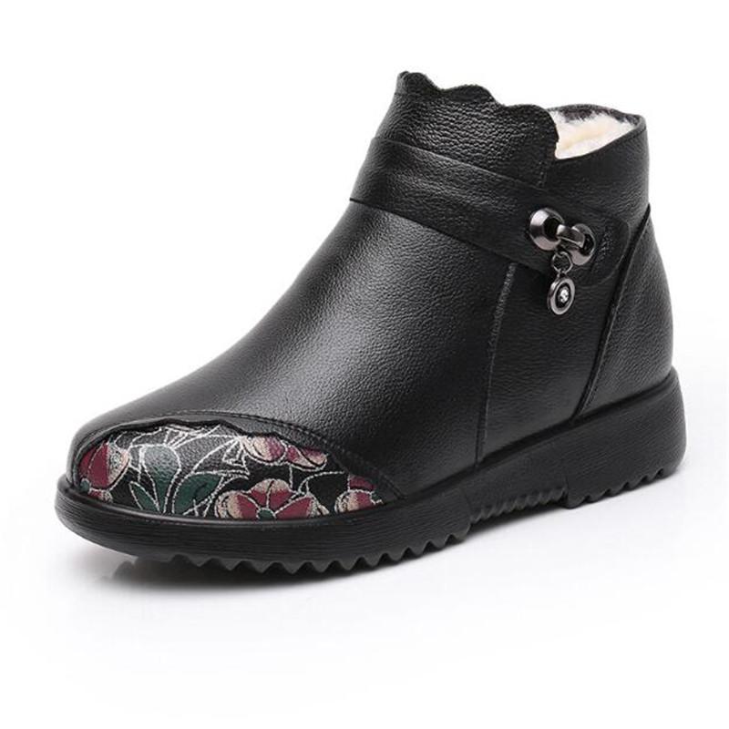 Moda Mulheres Botas de Tornozelo de Couro Genuíno Bota de Neve Mulheres Inverno Mãe Impermeável Antiderrapante Botins Quentes Cunhas Lã Natural Botas Femininas