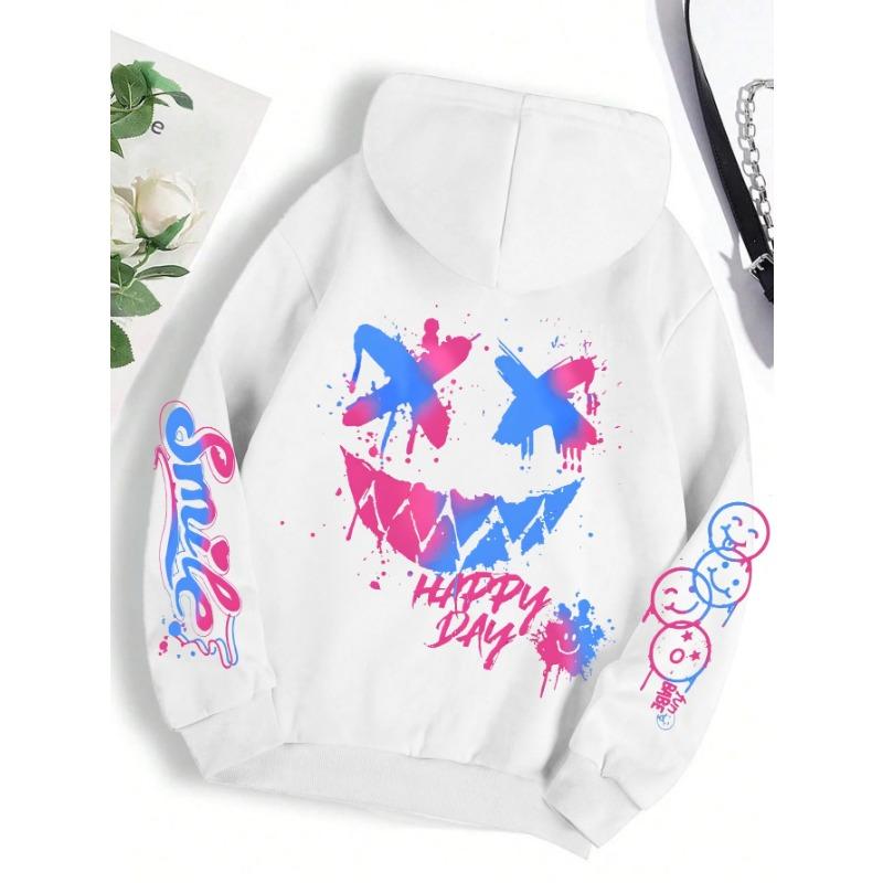 Nuova felpa con cappuccio da uomo autunnale, personalizzata con stampa di faccina sorridente, comoda, traspirante, per esterni, street style, felpa con cappuccio