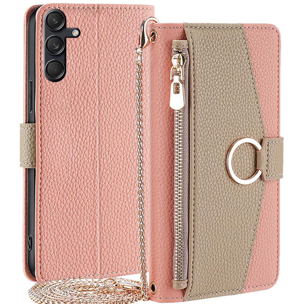 

For Samsung Galaxy M55 5G/C55 5G/F55 5G Case Zipper Wallet Stand Phone Leather Cover with Mirror Design Pink