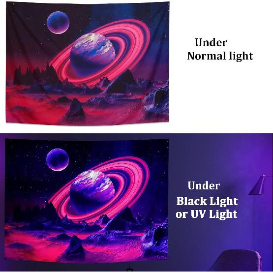Leofanger Tapiz de planeta trippy con luz negra, tapiz de pared de montaña reactivo a los rayos UV, tapiz espacial de galaxia, cielo nocturno