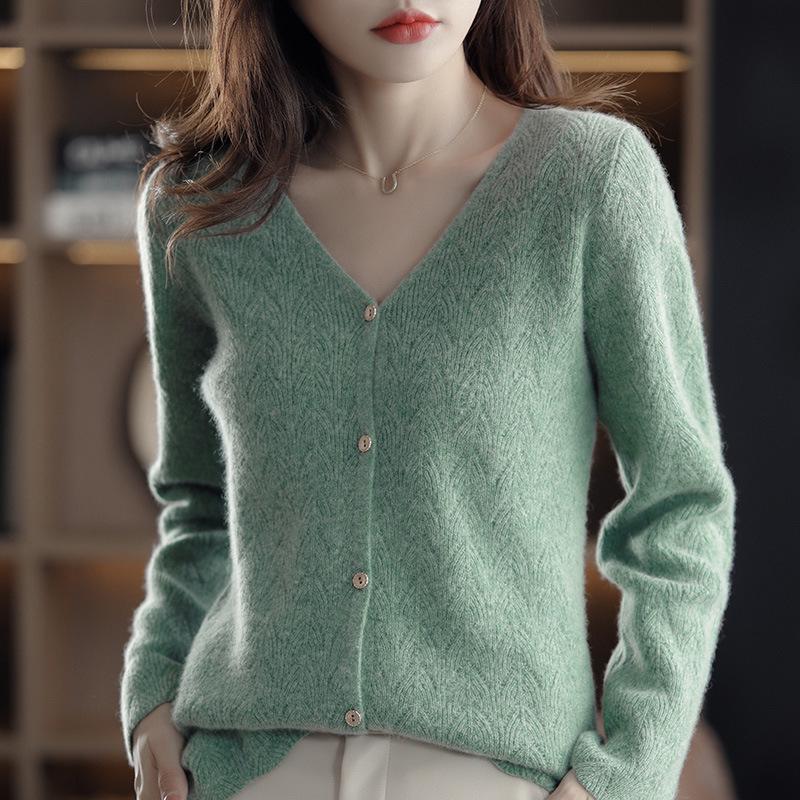 Women's Stylish V-neck Pure Wool Cardigan, Autumn/Winter Loose Knit Outerwear, Thickened Sweater Coat