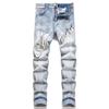 Punk Retro Blue Ripped Slim Fit Printed Men's Jeans