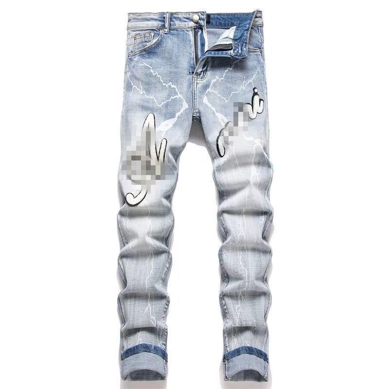 Punk Retro Blue Ripped Slim Fit Printed Men's Jeans