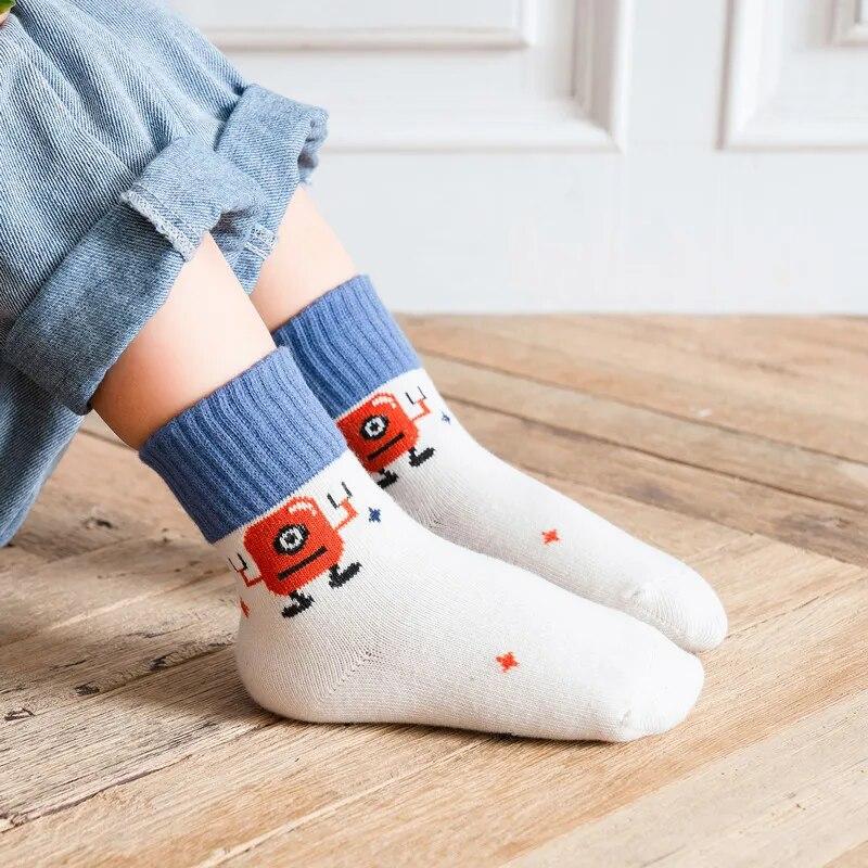 5 Pairs Kids Cartoon Striped Cotton Socks Spring Autumn Baby Boys Girls Breathable Knitted Crew Socks For Toddlers Age 1-8 Years