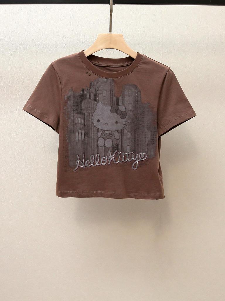 Autumn French Retro Rhinestone Printed Round Neck Women's T-shirt