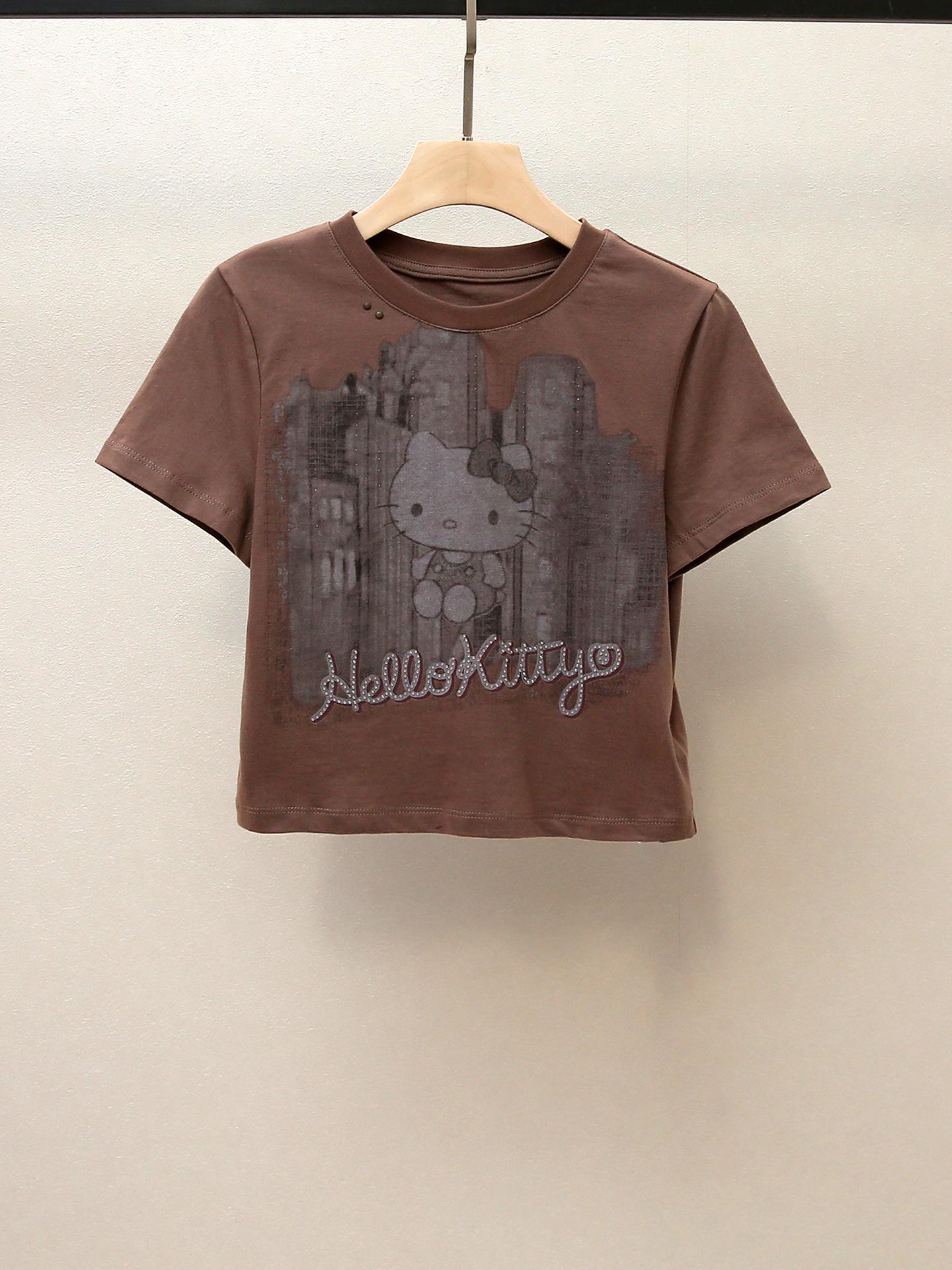 

Autumn French Retro Rhinestone Printed Round Neck Women s T-shirt Large хаки