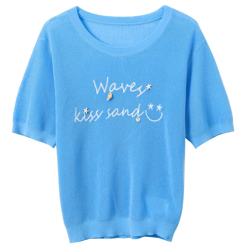 Sancai Women s Embroidered Letter Short Sleeve Knit Top S