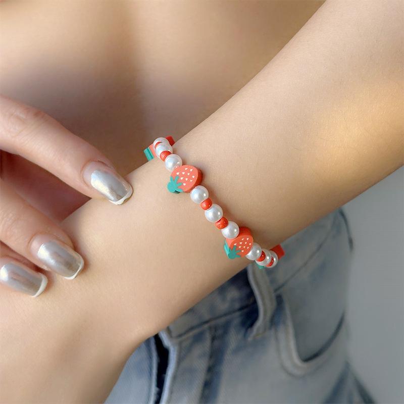 Summer Pearl Soft Pottery Strawberry Necklace Bracelet Sweet and Cute Dopamine Clavicle Chain Girl Versatile Jewelry
