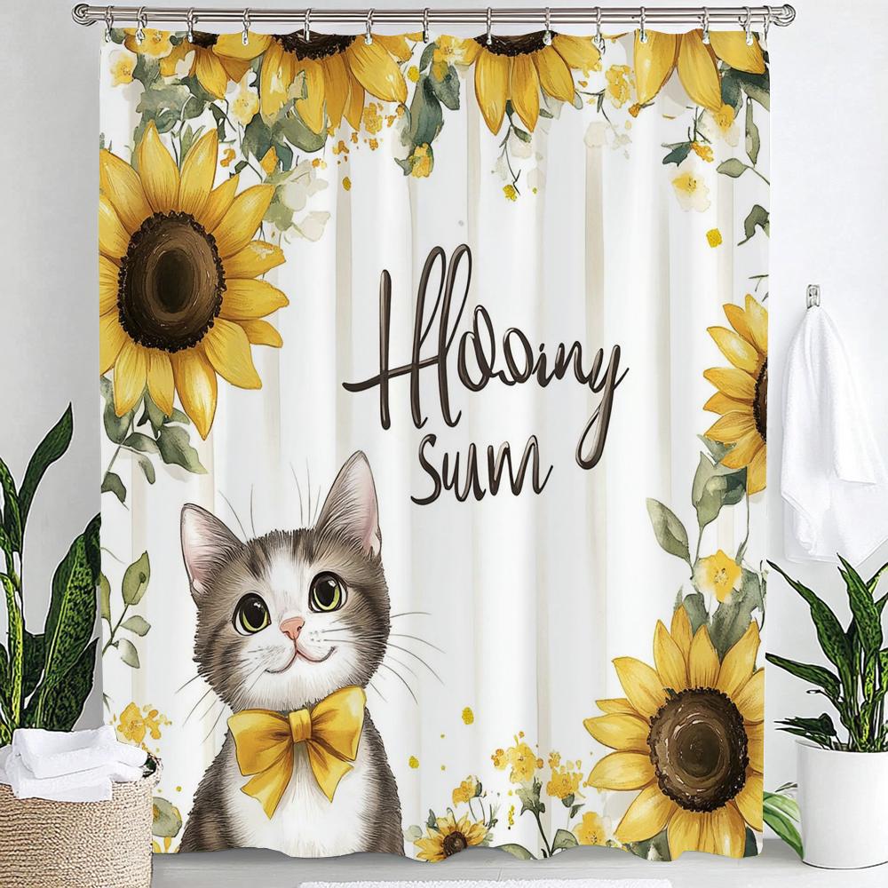 

Yellow Flowers Sunflowers And Lovely Cat Shower Curtain, Bathroom Decorative Shower Curtain, Home Floral Curtain With Hooks W60H190(CM)-1 Pcs