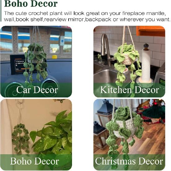Cute Crochet Plant for Rear View Mirror, Boho Handmade Car Mirror Hanging Accessory for Women & Girls, Green Interior Aesthetic Decor Truck Hanger