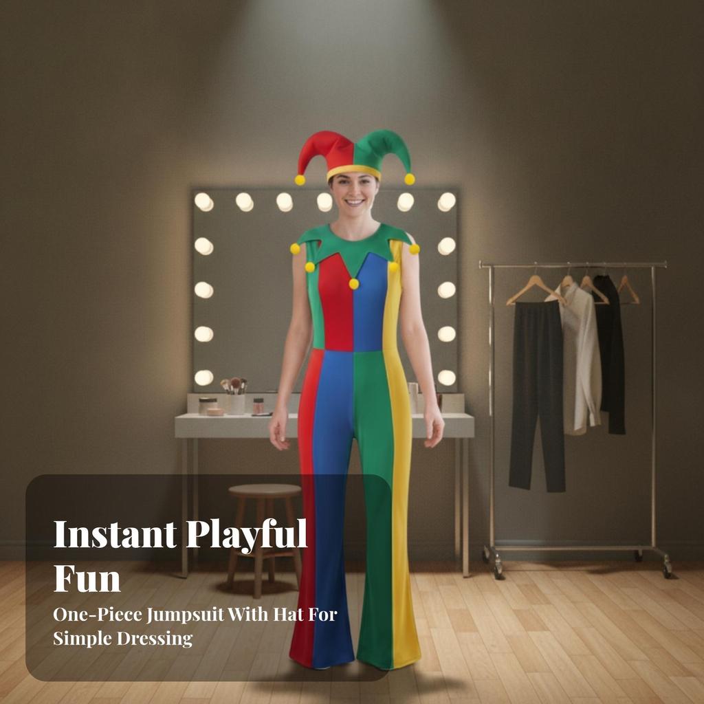 Clown Cosplay Costume Complete Jumpsuit with Hat Jester