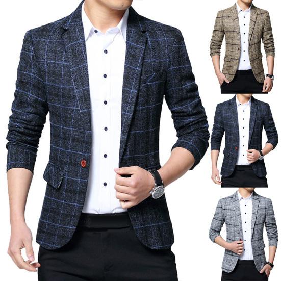 Fashion Men Plaid Lapel Slim Fit Blazer Jacket Coat One Button Business
