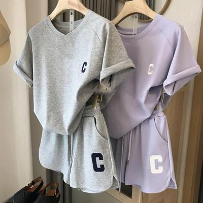 Casual Waffle Fashion Suit Women Summer Oversize Korean Short Sleeved T-Shirt Shorts Letter Embroidery 2pcs Sets